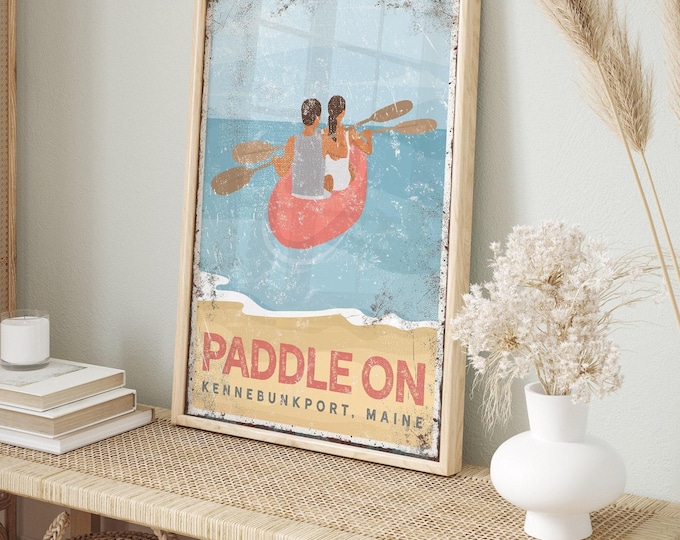 Paddle Art Sign with Couples Kayak, Personalized Maine Beach Town Print, Anniversary Gift for Paddlers