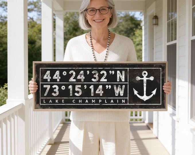 Lake Coordinates Art, Black And White Anchor Sign, Personalized Lake Name