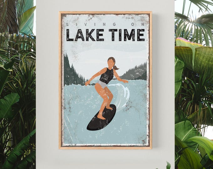 Girl Wake Surf Print, Black Board On The Lake, Living On Lake Time Quote