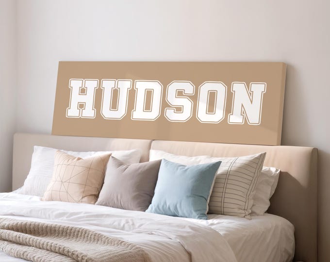 Custom name sign, block letter art in latte beige with varsity lettering