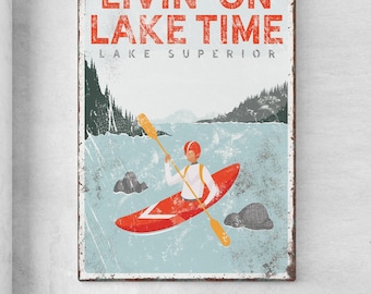 Custom Lake Wall Art: Vintage Kayak Design - Rustic Distressed Look