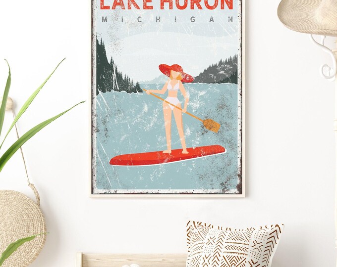 Lake House Canvas Print, Vintage Paddleboard Style (Custom Text)