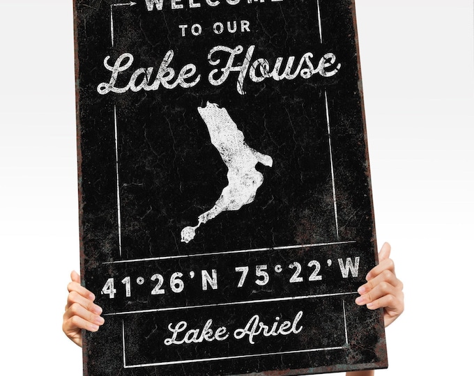 Welcome Sign Lake House, Black and White Map, Personalized with Your Lake Name