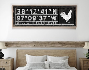 Rooster Wall Art: Vintage Farmhouse Sign - Custom Coordinates