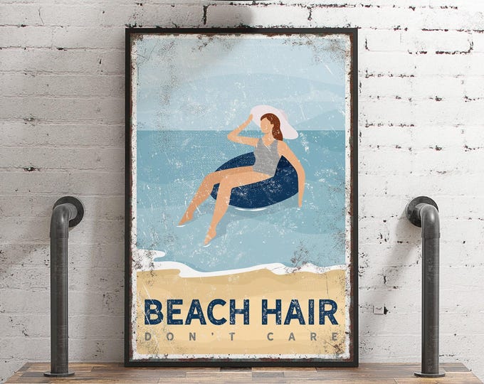 Beach Hair Dont Care Sign, Navy Ocean Float Wall Art, Personalized Coastal Gift for Her