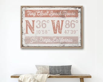 Personalized Coordinates Wall Art - Coral Pink Beach House Decor