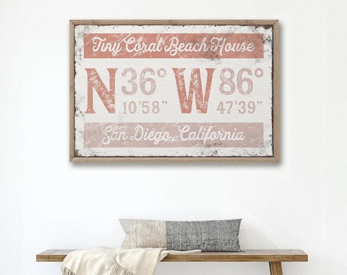 Personalized Coordinates Wall Art - Coral Pink Beach House Decor