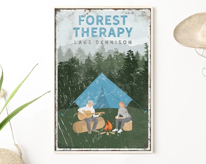 personalized CAMPING wall art, custom FOREST THERAPY sign, couple camping by campfire poster, vintage Lake Dennison canvas print {vpt}