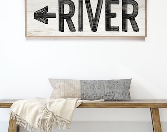 Distressed River Arrow Sign: Rustic Farmhouse Wall Art