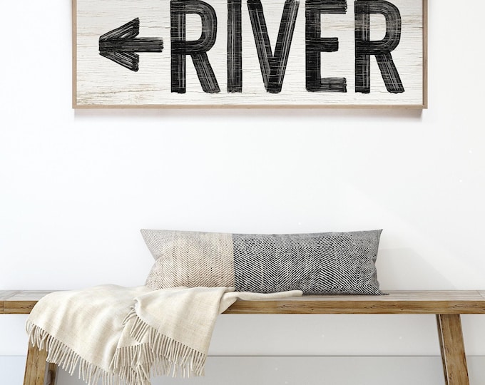 Distressed River Arrow Sign: Rustic Farmhouse Wall Art