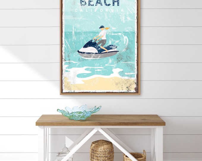 custom jetski artwork > vintage beachhouse decor canvas, ocean jetskiing sign for nautical house, surfboard artwork, Laguna Beach sign {vpb}