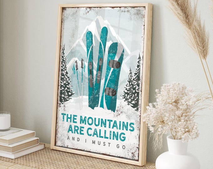 Mountain Wall Art, Vintage Teal Ski Lodge Decor, Winter Home Decor, Custom Ski Poster, Vintage Snowboard Print, Cabin Wall Decoration