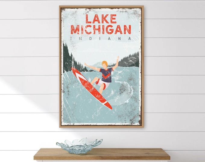 vintage surfing sign > personalized lake house nautical wall art, distressed surf board poster print (shown with Lake Michigan) {VPLSMLRR}