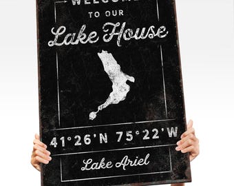 Lake House Wall Art: Rustic Farmhouse Style - Personalized Coordinates