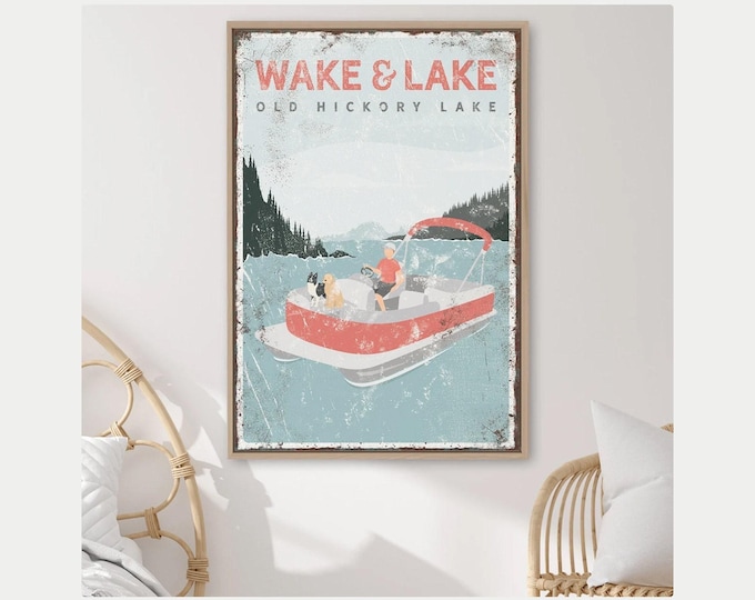 Dog Boat Lake Art, Personalized Pontoon Scene, Custom Red Boat Gift For Lake House