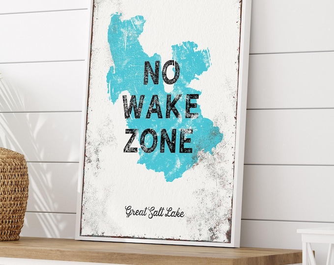 No Wake Zone Canvas Sign, Vintage Style, Turquoise Blue (Custom Lake)