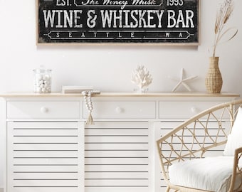 Farmhouse Wine & Whiskey Bar Sign, Personalized Rustic Style (Multiple Sizes)