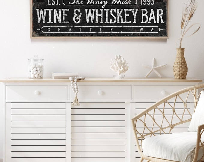Farmhouse Wine & Whiskey Bar Sign, Personalized Rustic Style (Multiple Sizes)