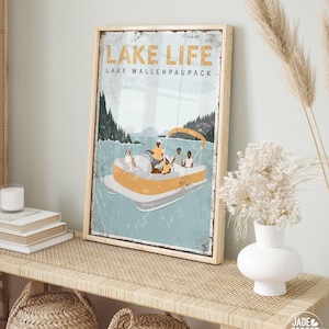 personalized FAMILY pontoon boat sign • LAKE LIFE, Lake Wallenpaupack print, family of 4, with 1 dog • yellow lake house decor gift {vpl}