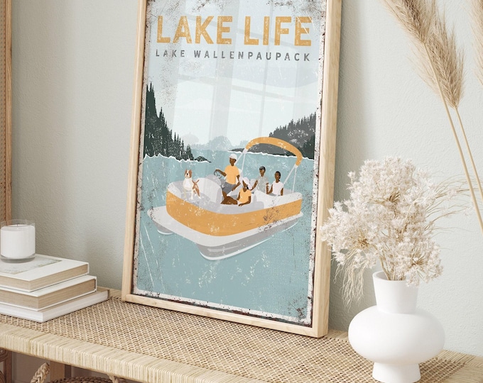personalized FAMILY pontoon boat sign • LAKE LIFE, Lake Wallenpaupack print, family of 4, with 1 dog • yellow lake house decor gift {vpl}