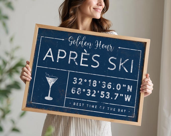 Apres Ski Wall Art: Custom Coordinates & Name (Navy Blue Canvas)