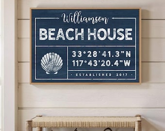 Custom Beach House Sign - Family Name with Coordinates and Shell Accent