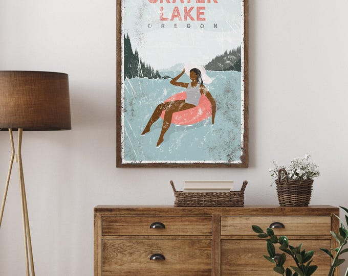 vintage Crater Lake sign > coral pink coastal art print, custom tubing poster, distressed lake house decor, relaxed lake life {VPL}