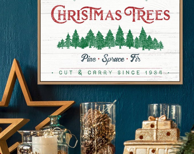 Vintage Wall Art, Farm Fresh Christmas Trees in Red and Green, Pine Spruce Fir Farmhouse Sign