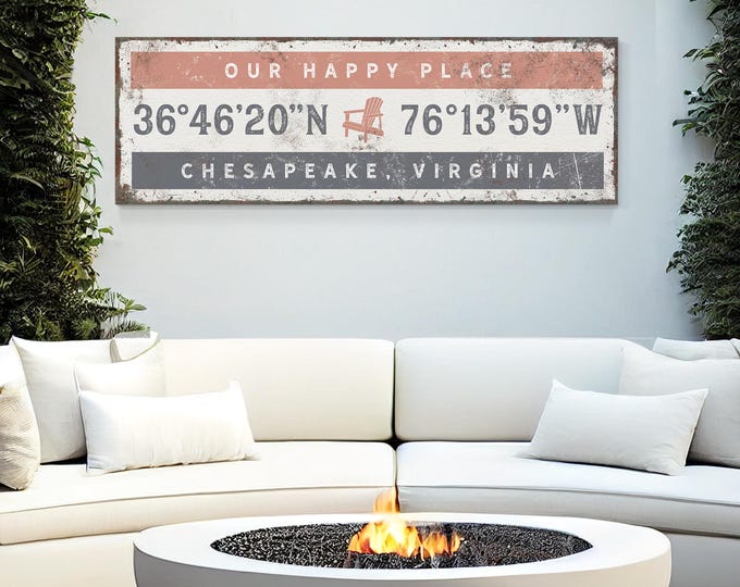 Happy Art Print for Your Happy Place, Custom Coordinates and Town, Chair Icon