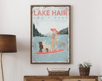 coral LAKE HAIR sign > personalized paddleboarding poster, vintage lake house decor, labrador mom gift, for her, custom lake life art {vpl}