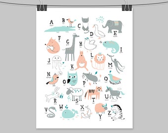 teal and peach alphabet sign / wall art print / letters, animal ALPHABET poster / coral and teal nursery sign ▷ archival matte paper print