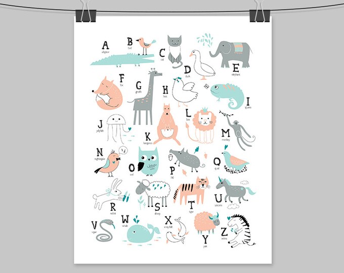 teal and peach alphabet sign / wall art print / letters, animal ALPHABET poster / coral and teal nursery sign ▷ archival matte paper print