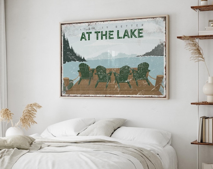 Vintage Life is Better AT THE LAKE Sign, Forest Green Adirondack Chairs Poster, Personalized Lake House Decor, Lake Landscape Wall Art {Vpl}