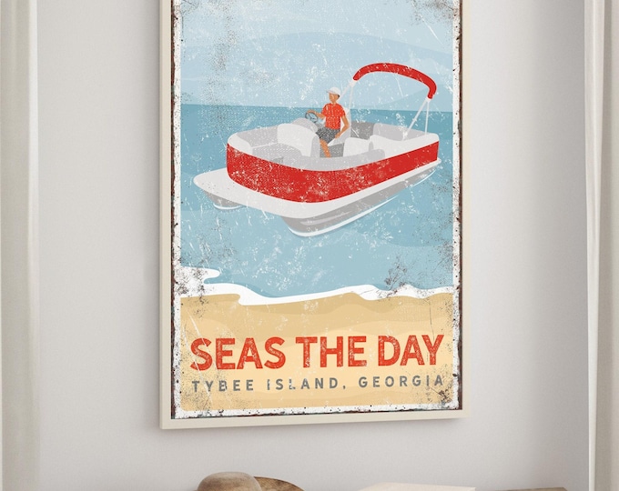personalized PONTOON BOAT sign, vintage beach poster, personalized beach house canvas, Tybee Island, Georgia, retro beach house decor {vpb}