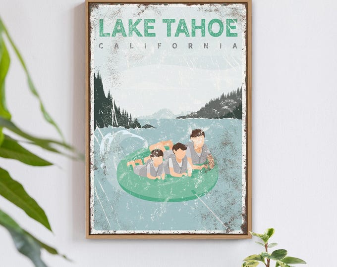 LAKE TAHOE sign with mint accent, personalized family tubing print, vintage lake house decor, water tubing on lake tahoe poster {vpl}