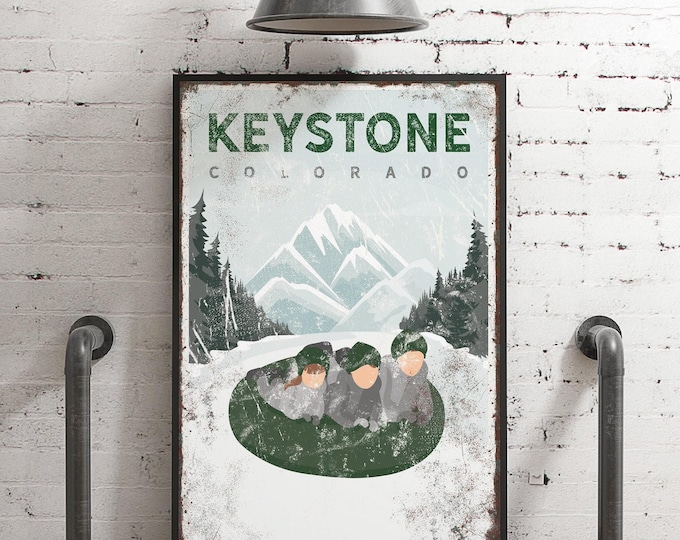 Snow Tubing Wall Art: Custom Family Design - Green Accent, Rustic Style