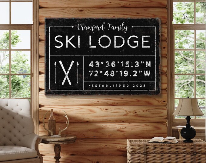 Long Sign Art for Ski Lodges, Black and Cream Family Name with Established Year
