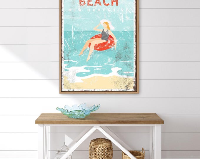 Beach House Decor, Hampton Beach Sign, New Hampshire Art, Vintage Coastal Canvas, Personalized Nautical Wall Art, Seaside Home Gift