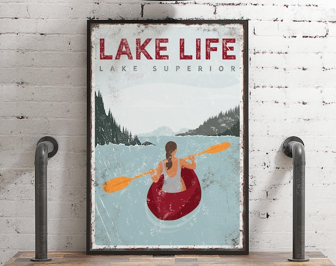 Vintage Lake Life Poster, Woman Kayaking on Lake Print in Maroon, Can Be Personalized, Retro Lake Superior Wall Art, Lake Gift for Her {vpl}