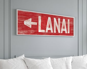 Vintage Lanai Sign, Distressed Red Wood (Custom Arrow Direction)