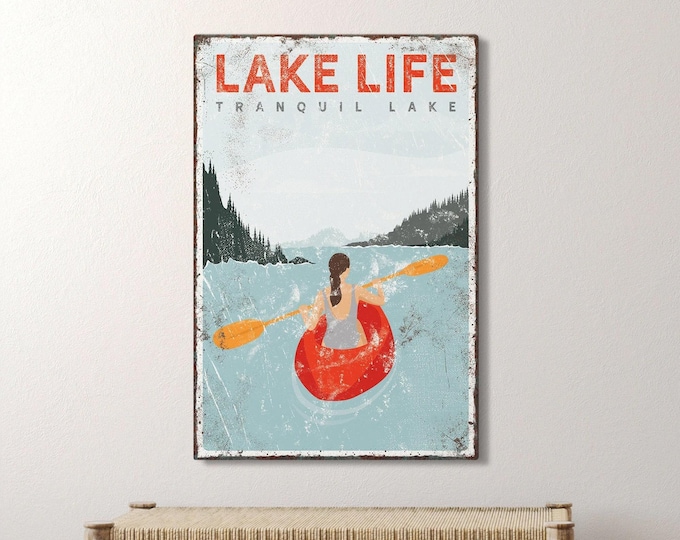 red LAKE LIFE sign > personalized kayaking poster for vintage lake house decor, kayak gift for her, custom wording Tranquil Lake art {vpl}