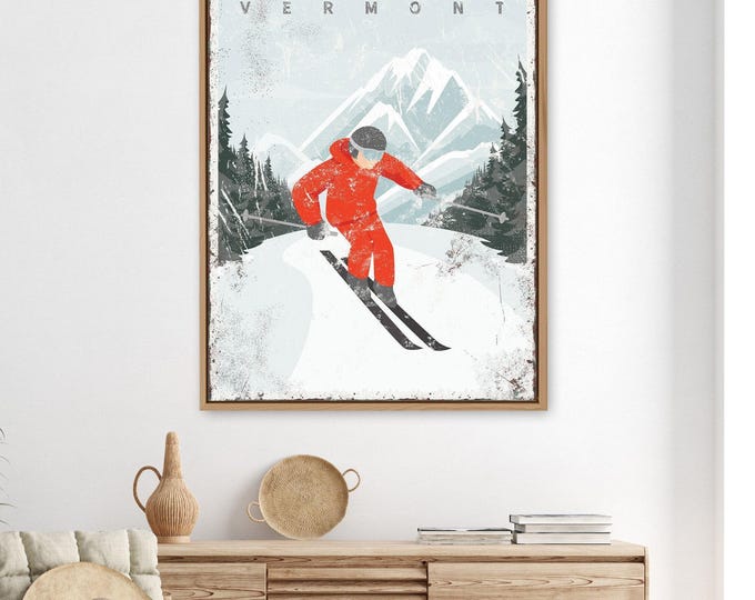 Ski House Decor, Vintage Ski Sign, Custom Stratton Mountain, Distressed Canvas Poster, Vermont Wall Art Gift for Skiing Enthusiasts {vpw}