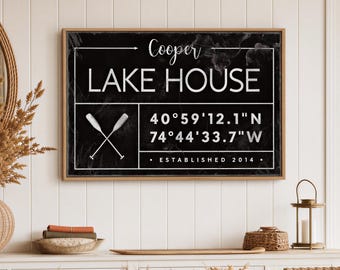 GPS Coordinates Sign: personalized lake house sign, rustic last name canvas for