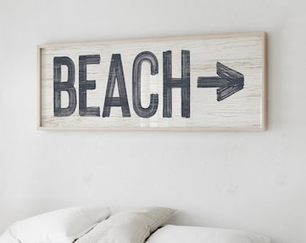 Charcoal Rustic Beach Sign, Black And White Arrow Wall Art, Vintage Coastal Long Print