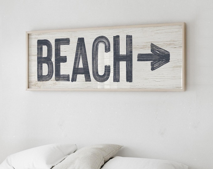 Charcoal Rustic Beach Sign, Black And White Arrow Wall Art, Vintage Coastal Long Print