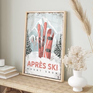 Vintage Apres Ski Poster Coral, Mount Snow Vermont, Rustic Ski Lodge, Snowboarder Gift, Alpine Wall Art, Custom Mountain Decor {VSS}