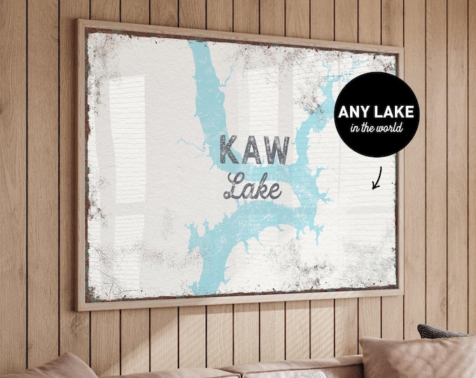 Custom Lake Map, Pale Blue Kaw Lake Outline, White And Gray Print, Add Your Family Name