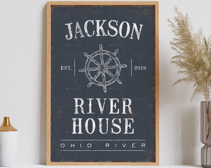 Vintage River House Sign: Personalized Farmhouse Decor with Ship Wheel