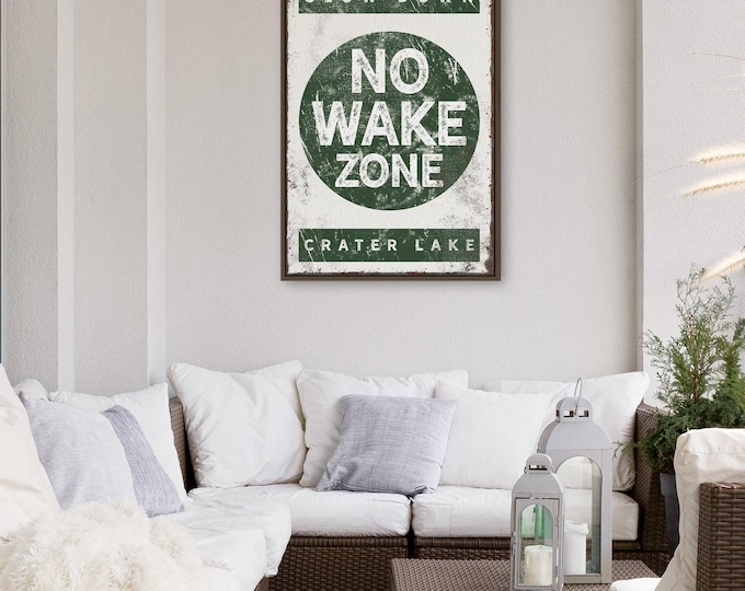 Green Lake Sign, Slow Down No Wake Zone, Cream And Green, Personalized With Your Lake Name