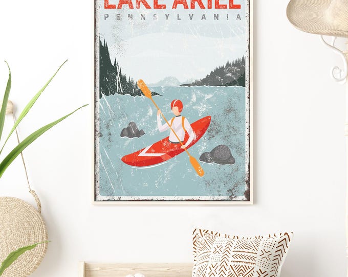 vintage lake sign > personalized lakehouse decor, rustic kayak wall art, modern farmhouse art print for lake house (Lake Ariel) {VPLKMLNR}